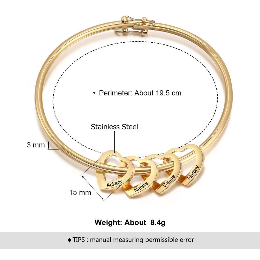 Love Bracelet Bangle Bracelet with 4 Heart Shape Pendant Engraved 4 Names Gift For Mom