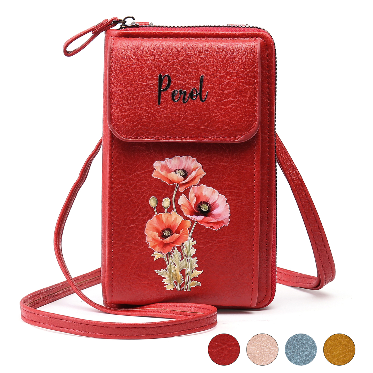 Personalized Women's Leather Wallet Custom Birthday Flower & Name Mobile Phone Wallet Zipper Crossbody Bag