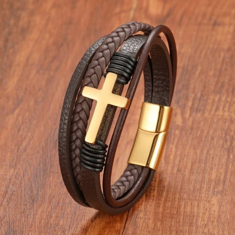 Men Braided Leather Cross Bracelets with Magnetic Clasp Gifts for Him
