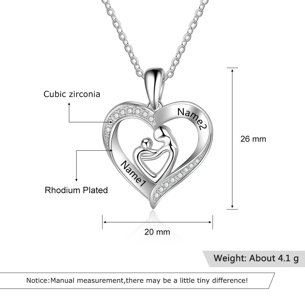 Mother and Child Heart Necklace Engraved with 2 Names Love Necklace Sterling Silver