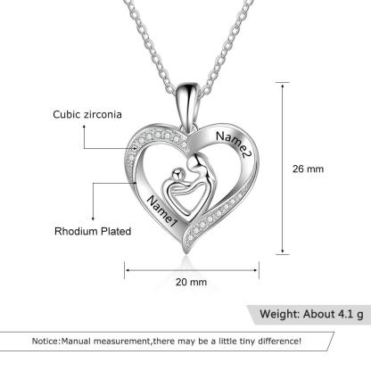 Mother and Child Heart Necklace Engraved with 2 Names Love Necklace Sterling Silver