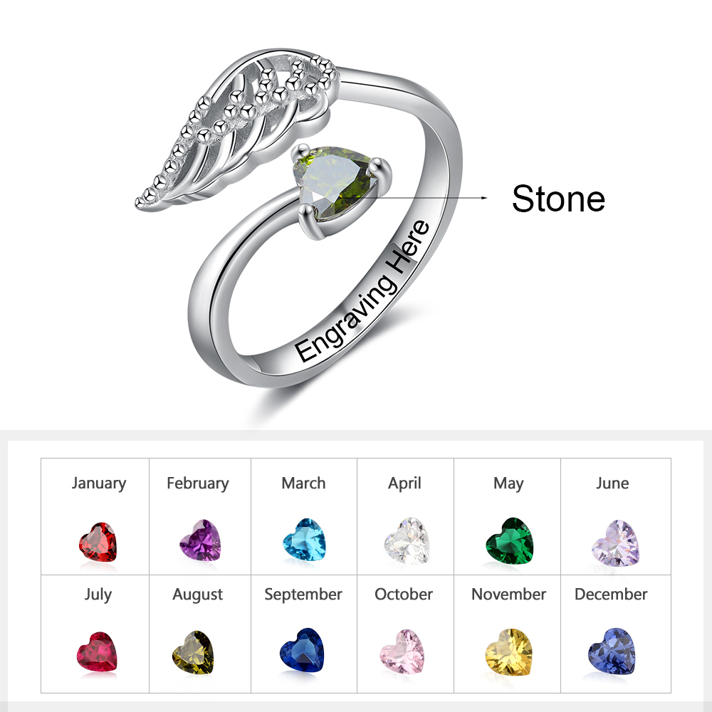 Personalized Angel Wing Ring with 1 Birthstone Open Ring