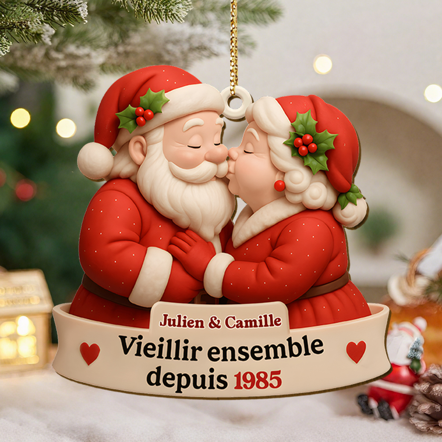 Custom Santa & Mrs. Claus Kissing Wood Ornament