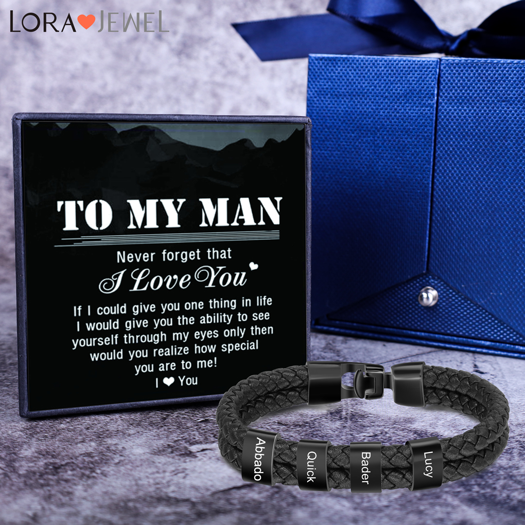 Men Leather Braided Bracelet with Beads Engraved 4 Names Father Gifts
