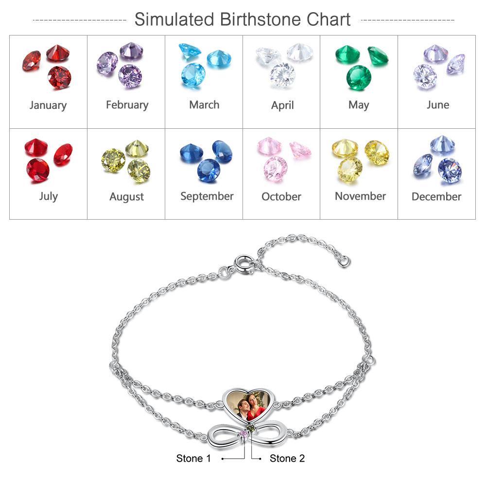 Heart Photo Bracelet Infinity Bracelet with 2 Birthstones Personalized Gift