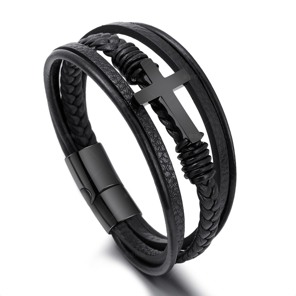 Men Braided Leather Cross Bracelets with Magnetic Clasp Gifts for Him