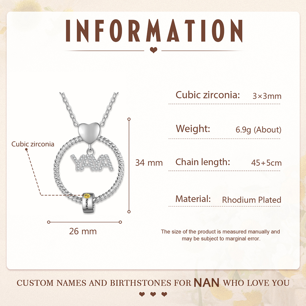 Collar a abuela con colgante de "YAYA" con 1 nombre Y 1 piedra de nacimiento personalizados | Jessemade-Jessemade ES