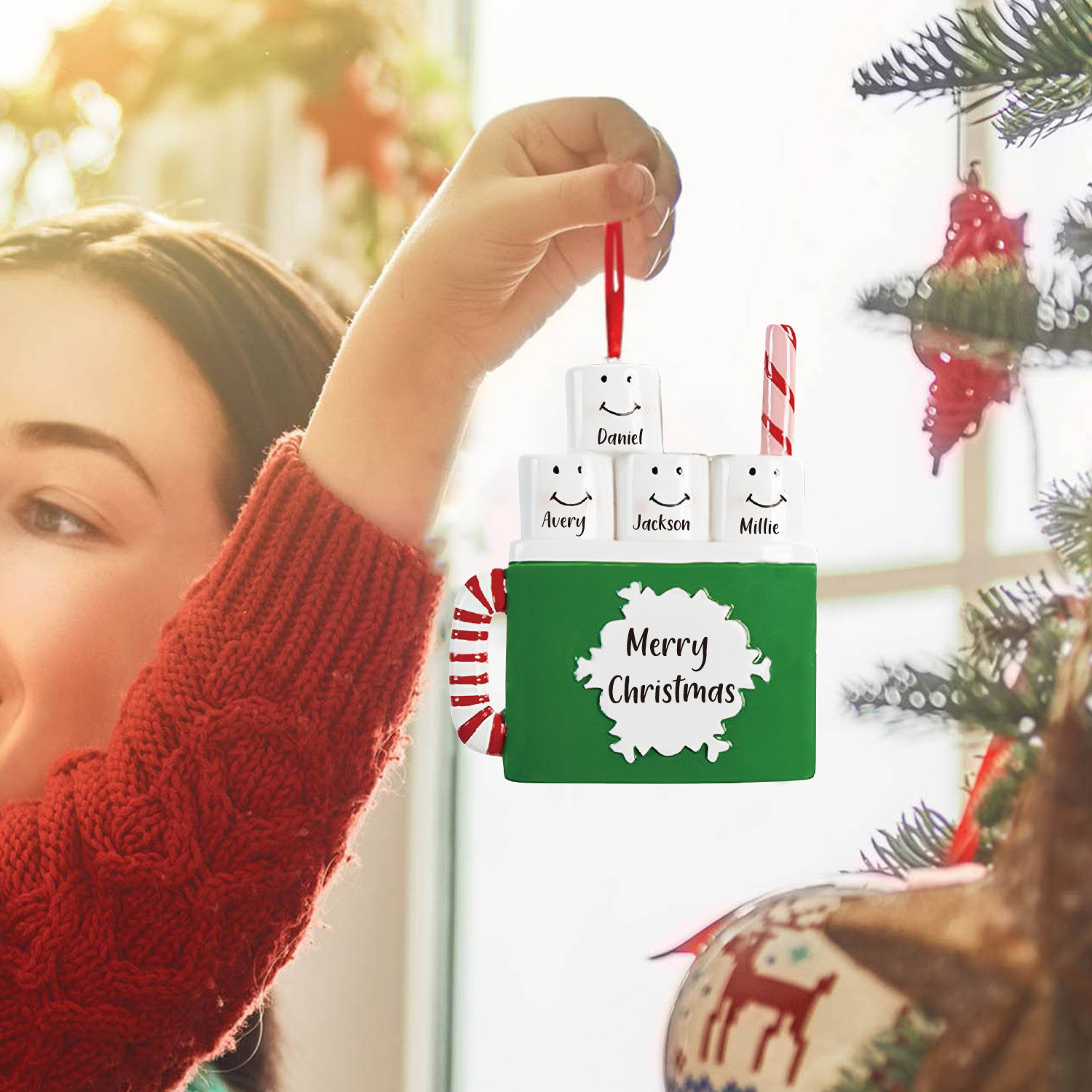 4 Names - Personalized Xmas Ornament Custom Name & Text Christmas Tree Wooden Decor Gift for Family Friends