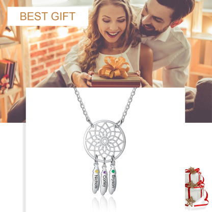 Personalized Dream Catcher Necklace with 3 Birthstones for Women