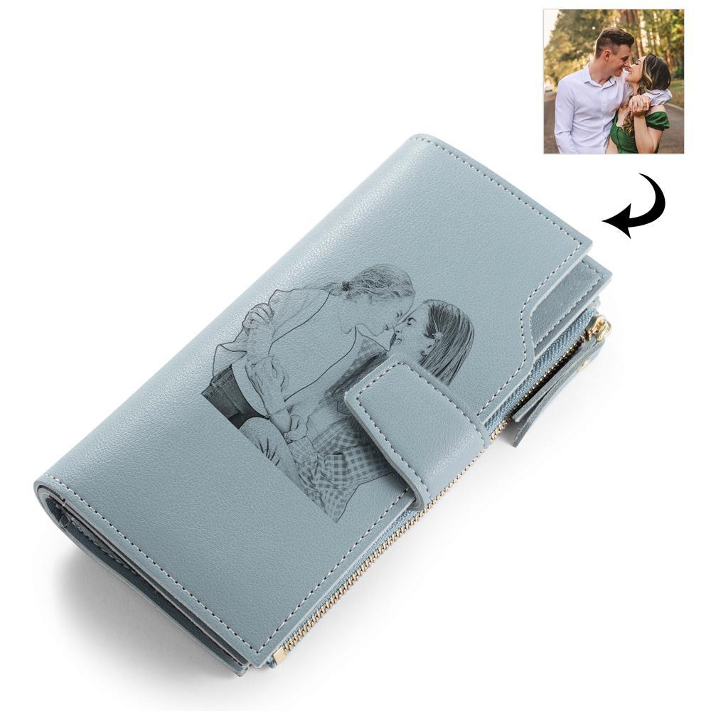 Women Long Style Photo Wallets Custom Inscription Photo Engraved Wallet Blue Grey