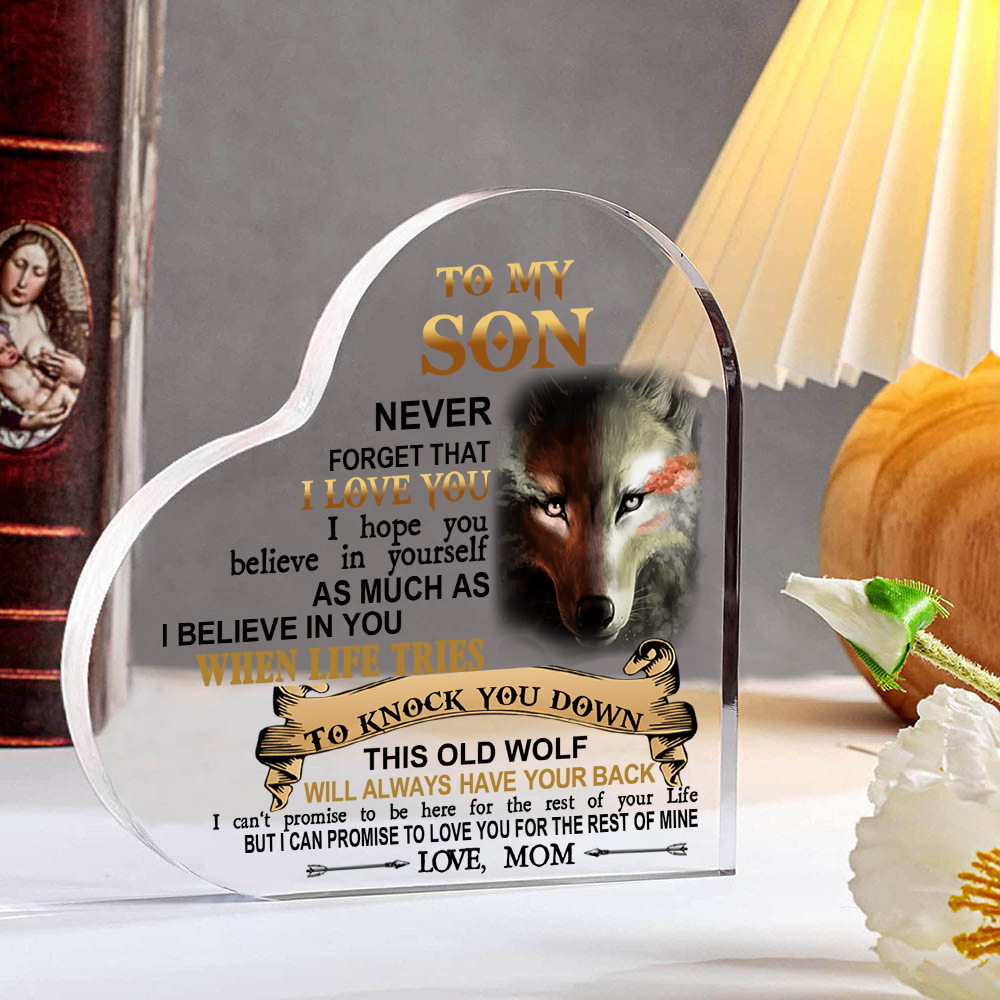 To My Son Acrylic Heart Keepsake Mom to Son Heart Ornament - This Old Wolf Will Always Have Your Back
