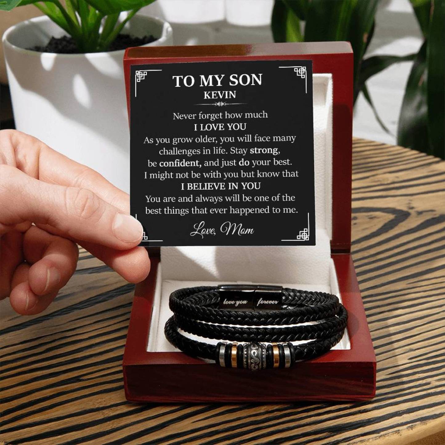 To My Son Bracelet Personalized Name Message Card Braided Leather Bracelet Mom to Son Gift - Never Forget How Much I Love You