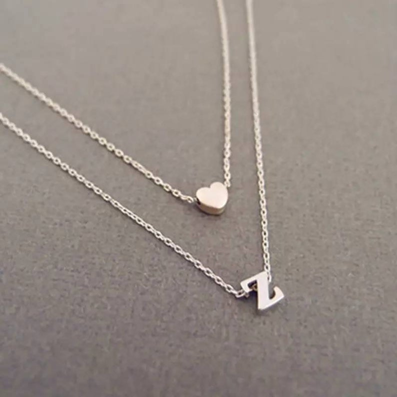 Custom Initial Name Necklace Layered with Heart Charm Necklace