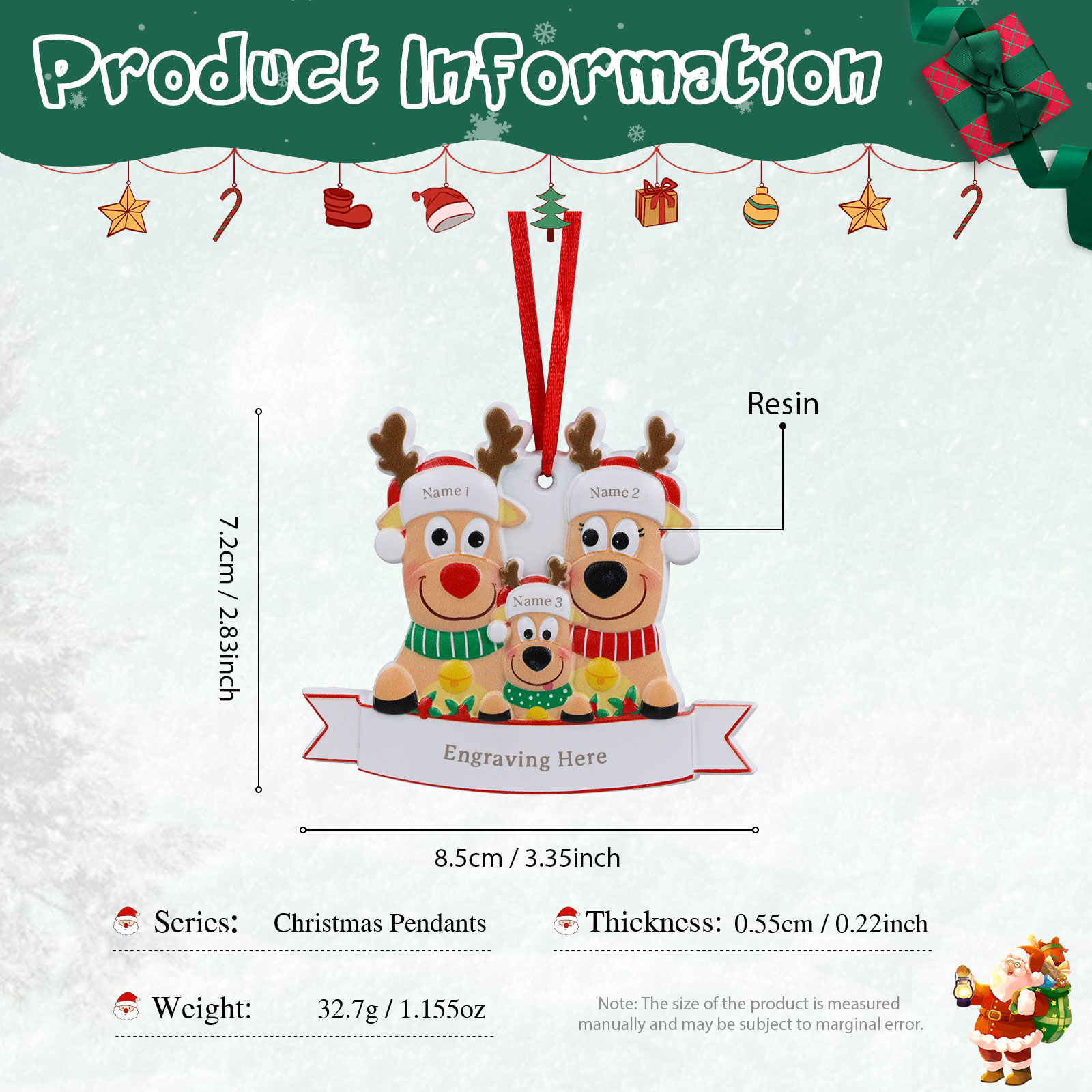 Personalized 3 Names & Text Reindeer Christmas Ornament Resin Christmas Tree Pendant for Family 