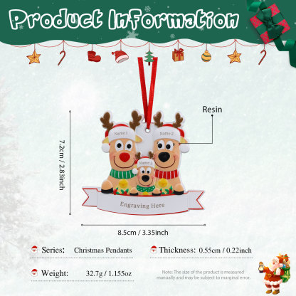 Personalized 3 Names & Text Reindeer Christmas Ornament Resin Christmas Tree Pendant for Family 