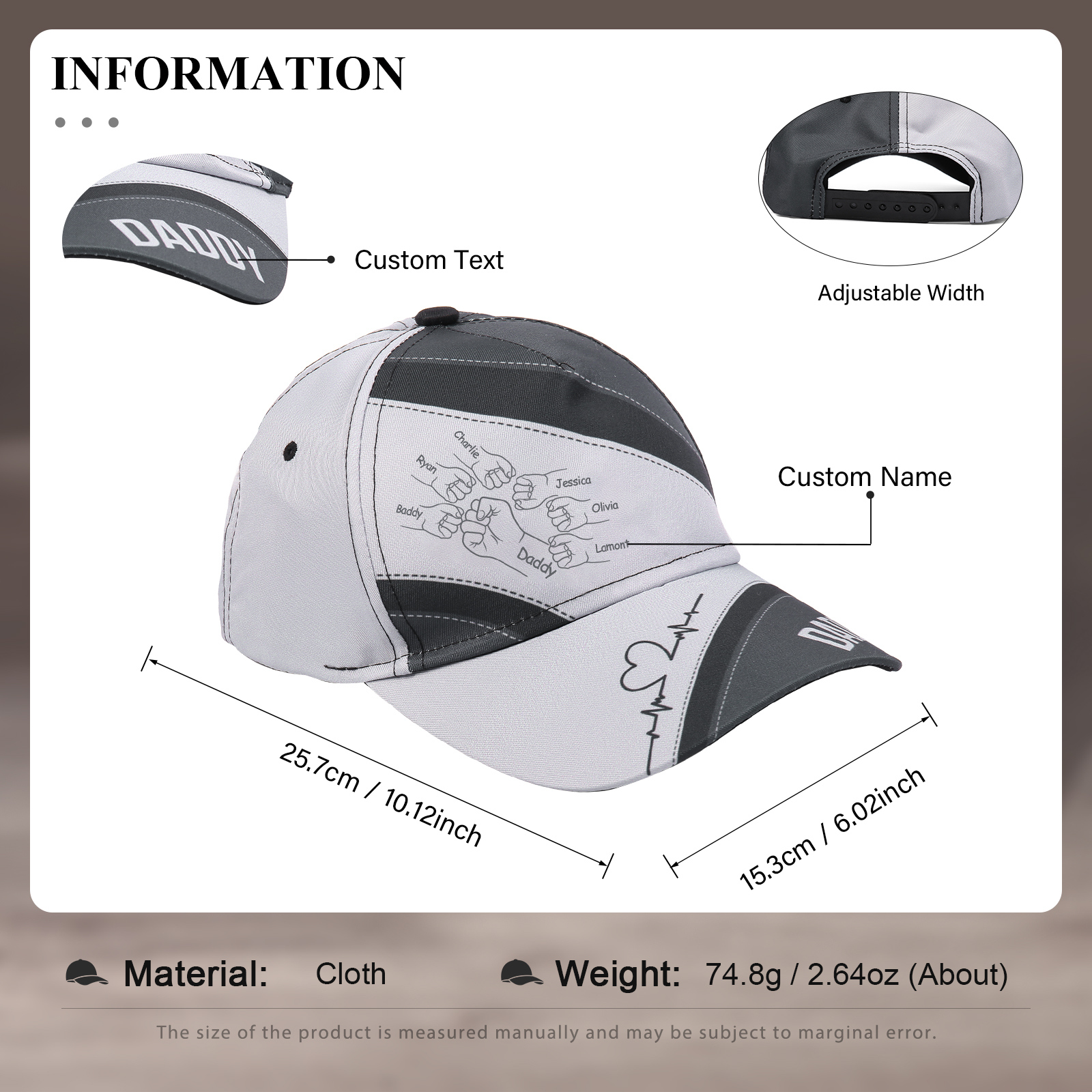 Personalized Fist Bump Classical Baseball Cap Custom 7 Names & 1 Text Snapback Adjustable Gift for Dad/Grandpa/Husband