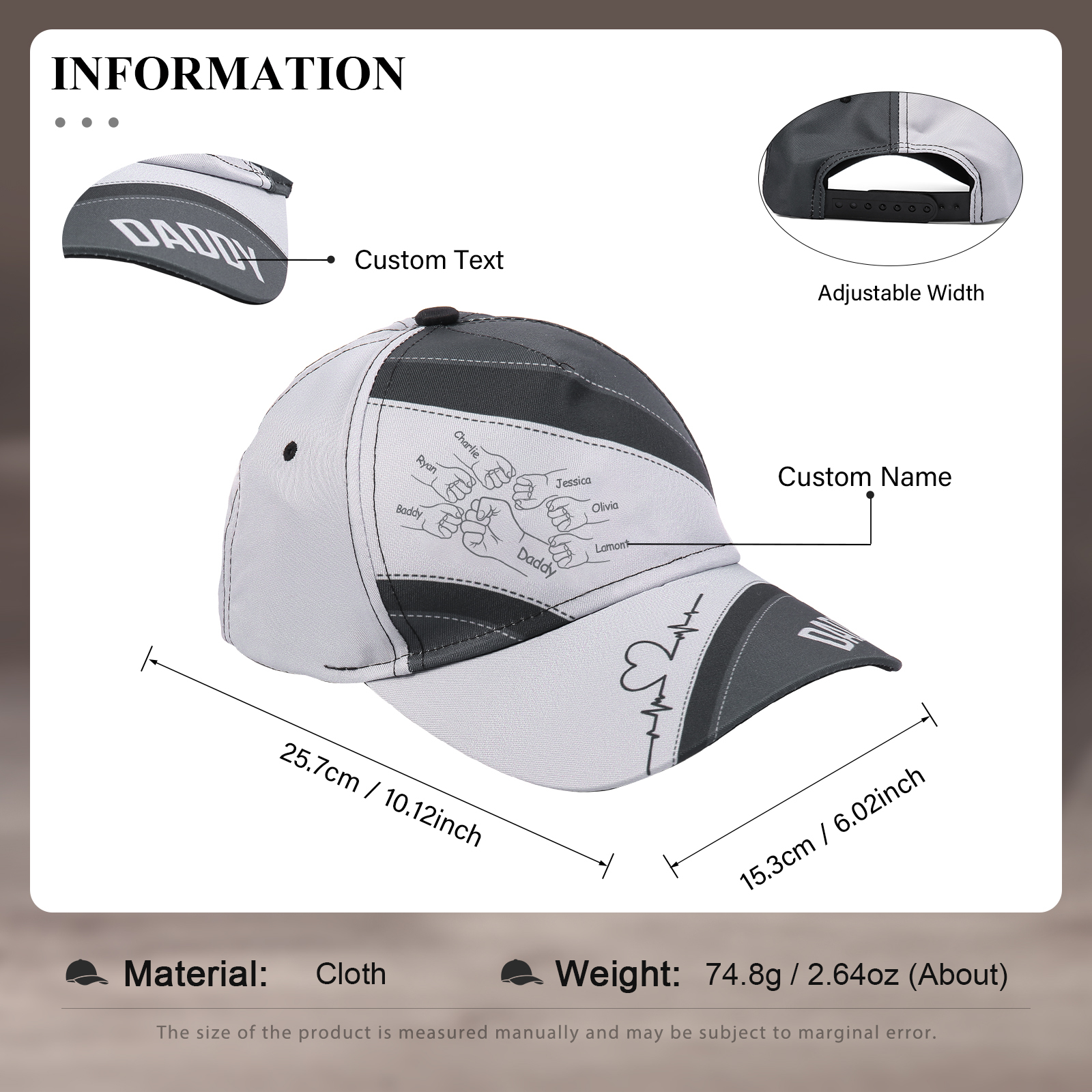 Personalized Fist Bump Classical Baseball Cap Custom 7 Names & 1 Text Snapback Adjustable Gift for Dad/Grandpa/Husband