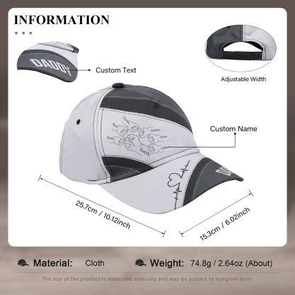 Personalized Fist Bump Classical Baseball Cap Custom 7 Names & 1 Text Snapback Adjustable Gift for Dad/Grandpa/Husband