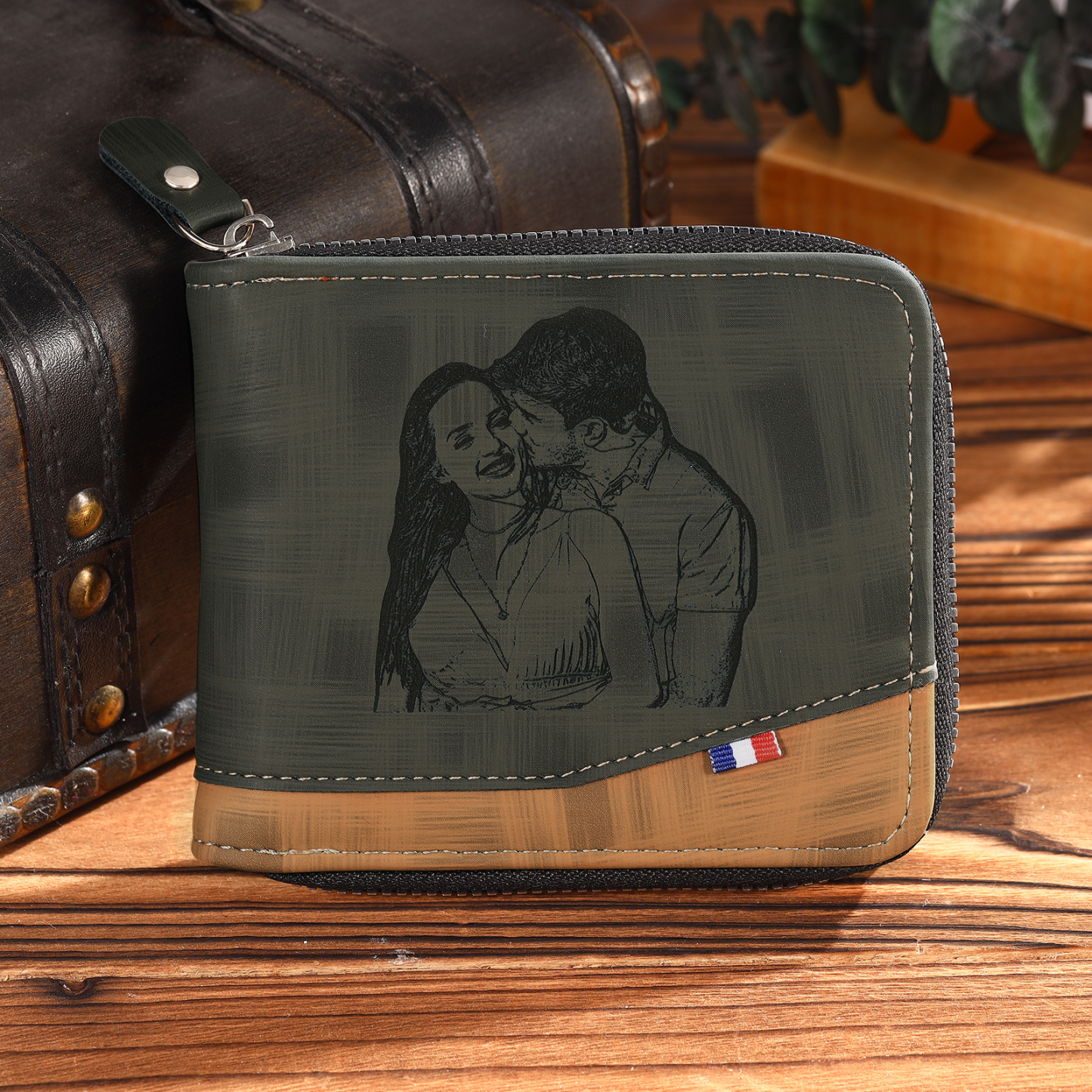Personalized Photo & Name & Letter Billfold Wallet Monogram Leather Wallet Zipper Wallet Gift for Men