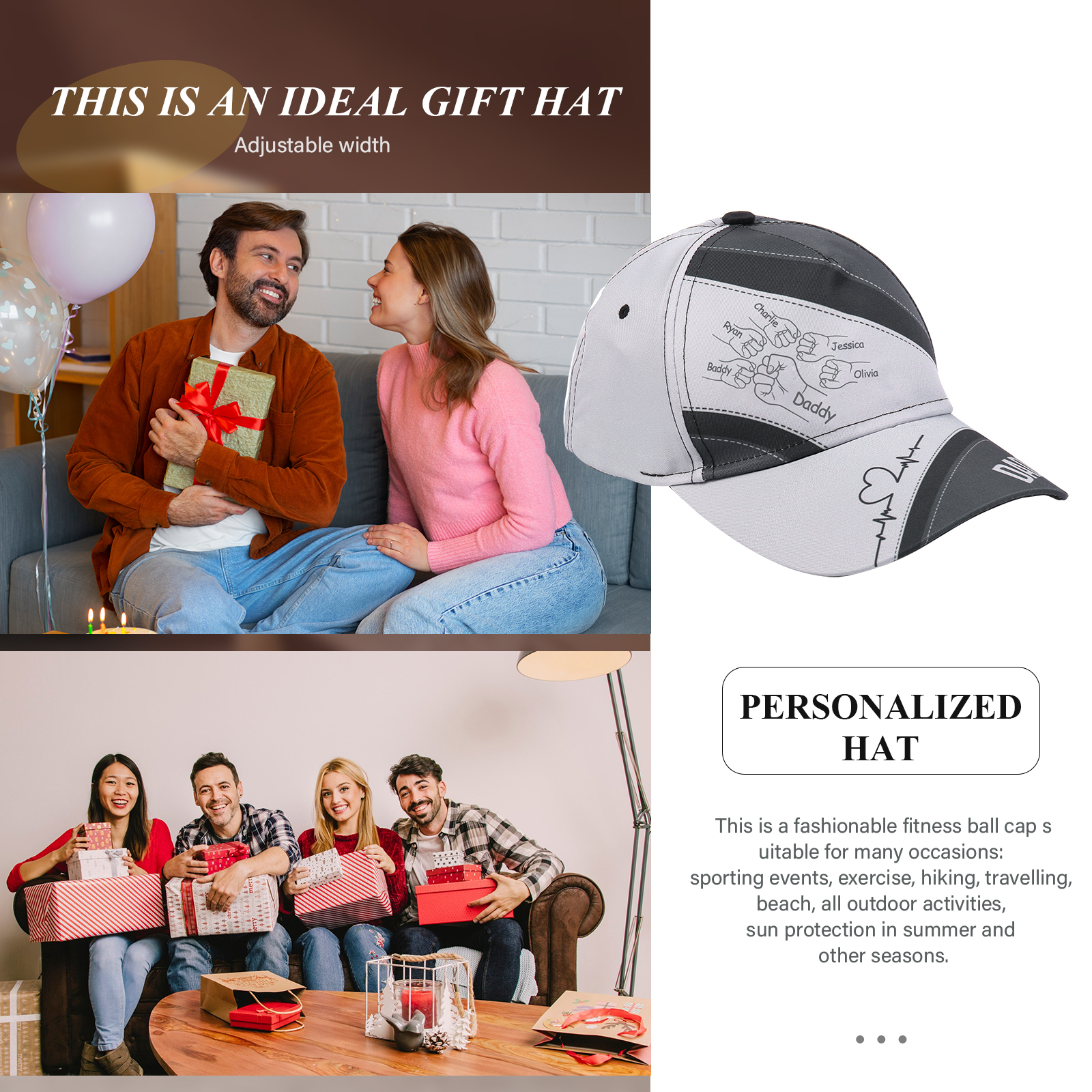 Personalized Fist Bump Classical Baseball Cap Custom 6 Names & 1 Text Snapback Adjustable Gift for Dad/Grandpa/Husband