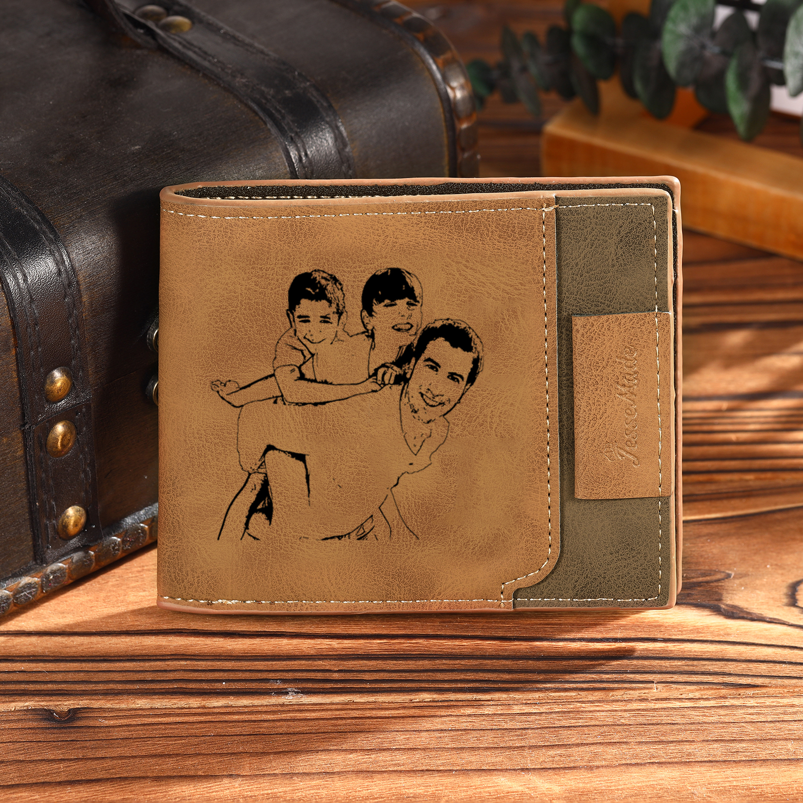 3 Names - Custom Photo & Text & Name Wallet Personalized Men's Leather Folding Wallet Gifts for Dad