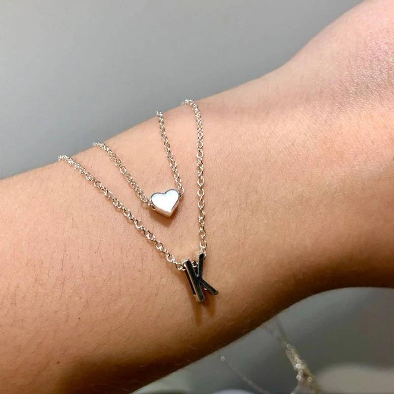 Custom Initial Name Necklace Layered with Heart Charm Necklace