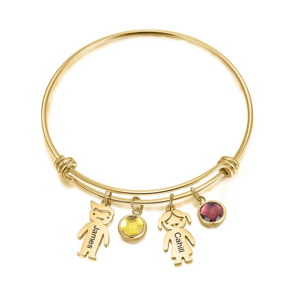 Bangle Bracelet with Kids Charms 2 Birthstone Engraved 2 Names Rose Box Set