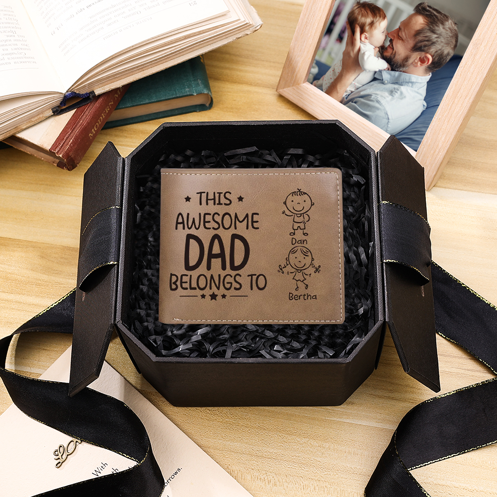 1 Photo & 2 Names Personalized Wallet Handcrafted in the USA-Custom Men's Leather Folding Wallet "This Awesome Dad Belongs To" Father's Day Gifts