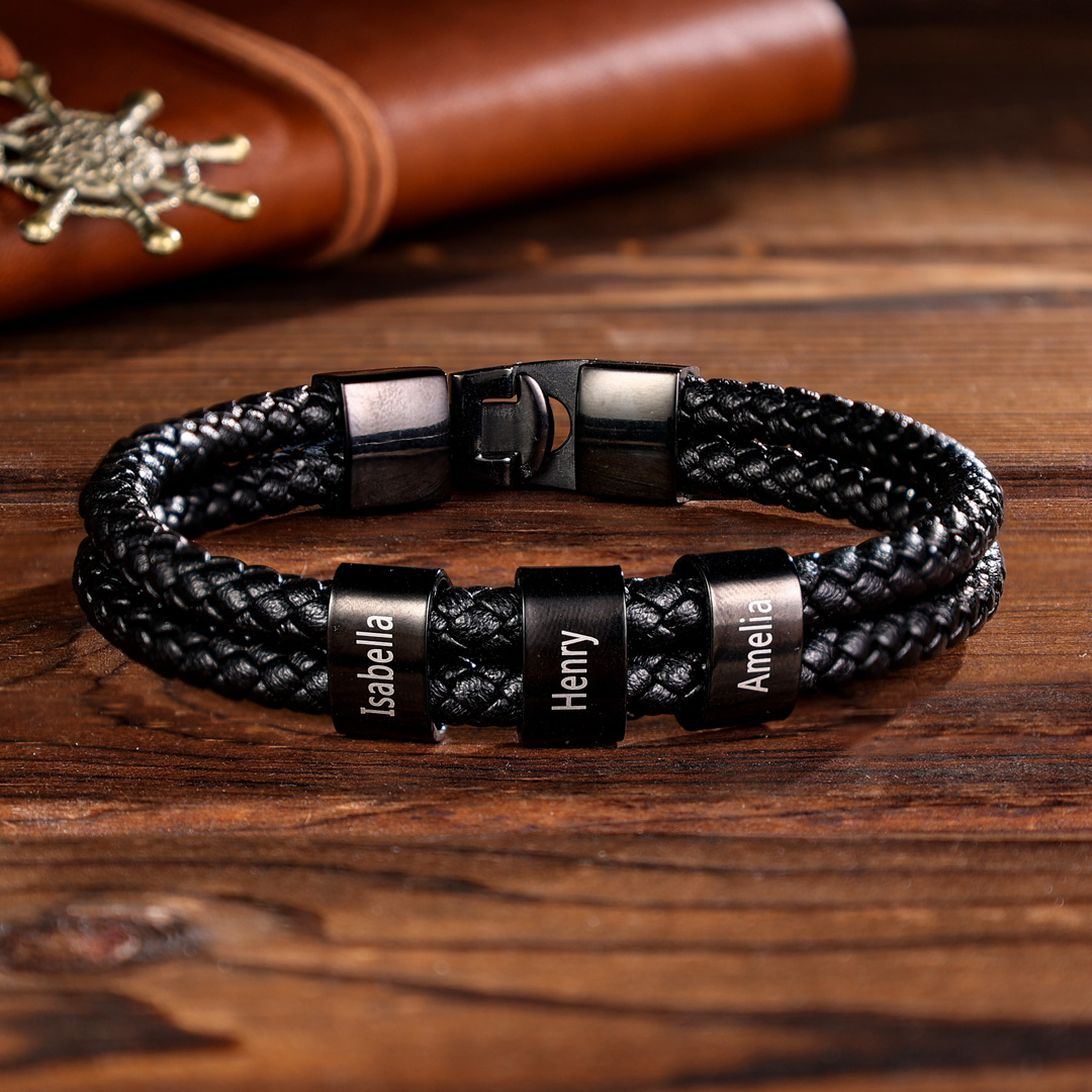 4 Names Personalized Braided Leather Bracelet Engraved Men's Bracelet for Him
