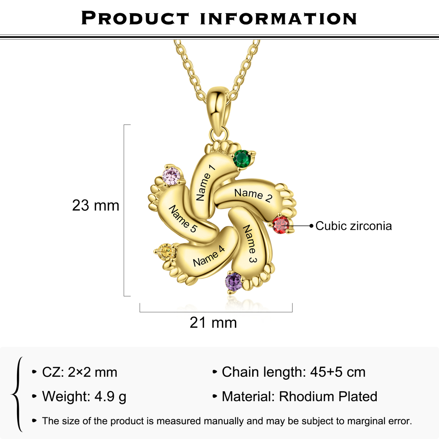 Baby Feet Necklace Custom 5 Birthstone Family Gifts for Mother