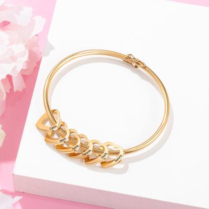 Bangle Bracelet Personalized with 6 Heart Shape Pendant Engraved 6 Names