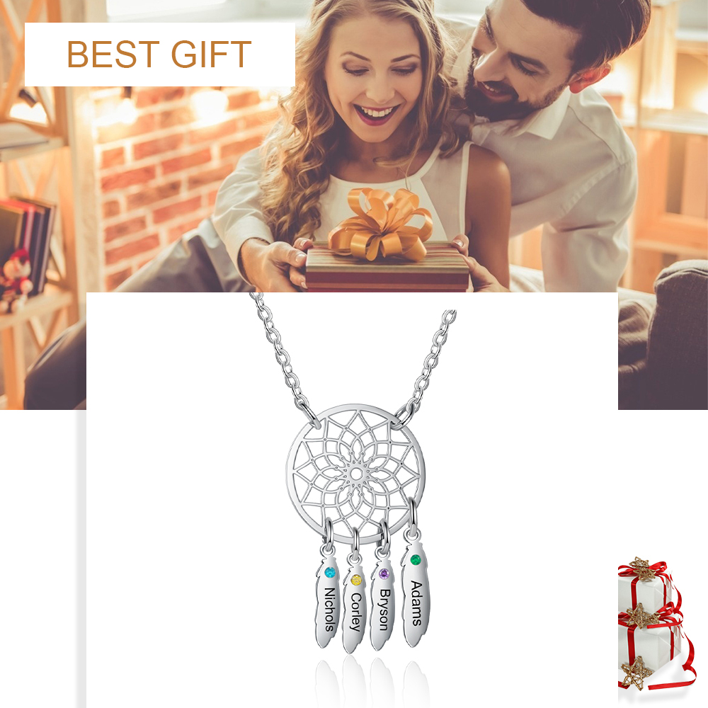 Personalized Dream Catcher Necklace with 4 Birthstones for Women