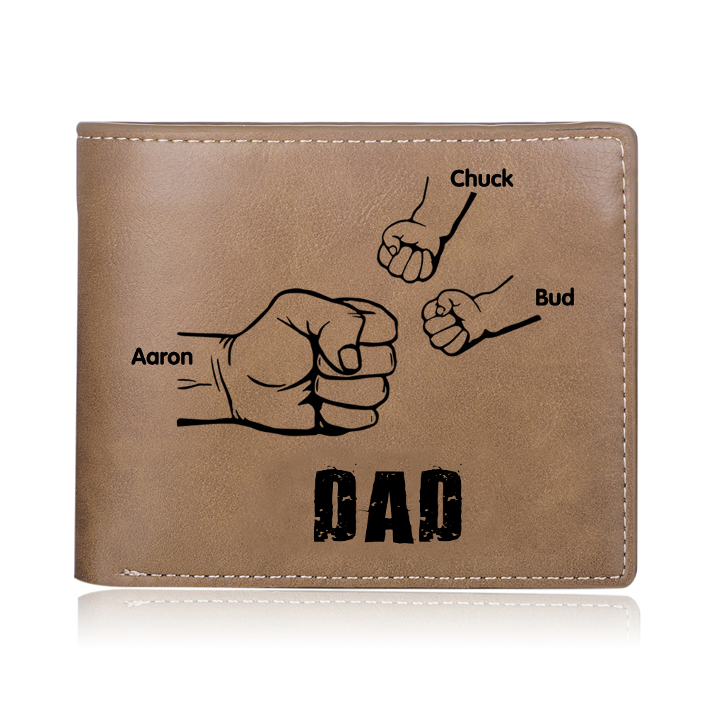 Personalized 3 Names Men Leather Wallet Handcrafted in the USA-Custom Photo & Name Folding Wallet Fist Bump Wallet Gift for Dad