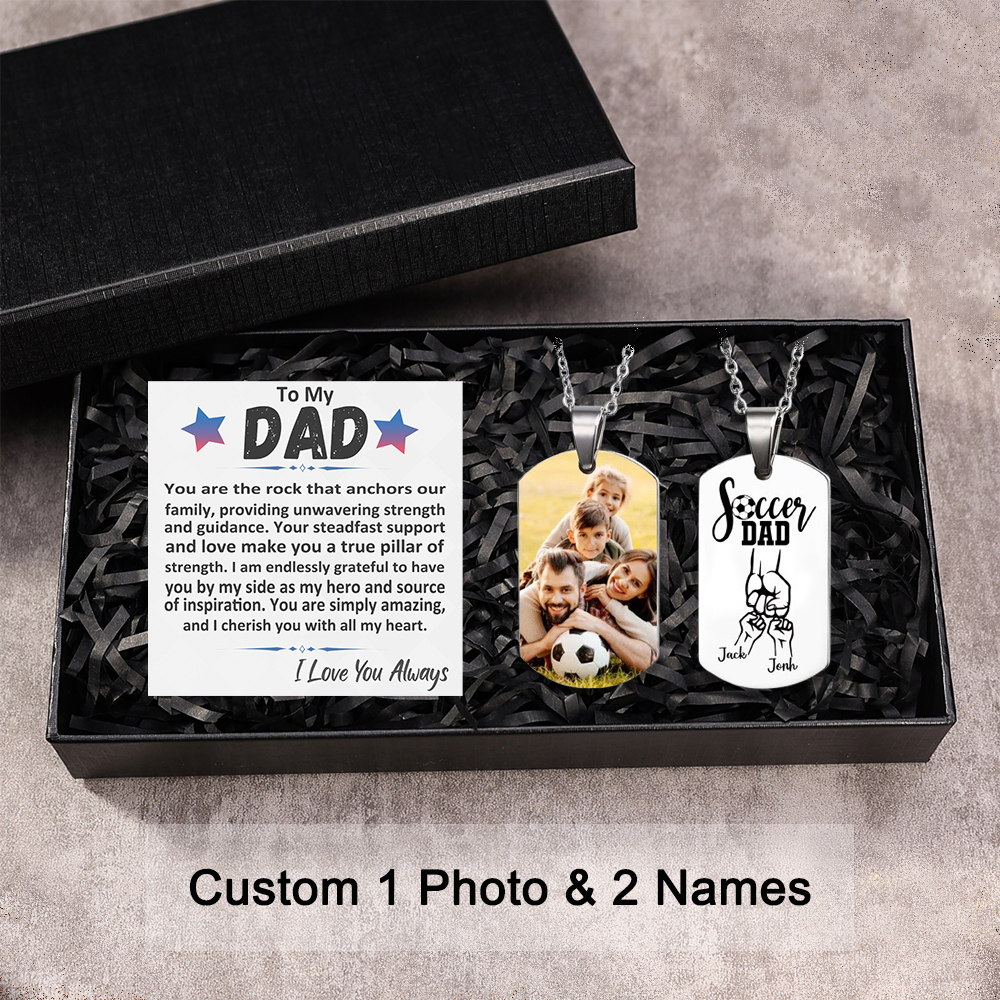 Engraved ‘Soccer Dad’ Necklace – Custom Dog Tag with 1 Photo & 2 Names – Personalized Father’s Day Present for Him | Lorajewel