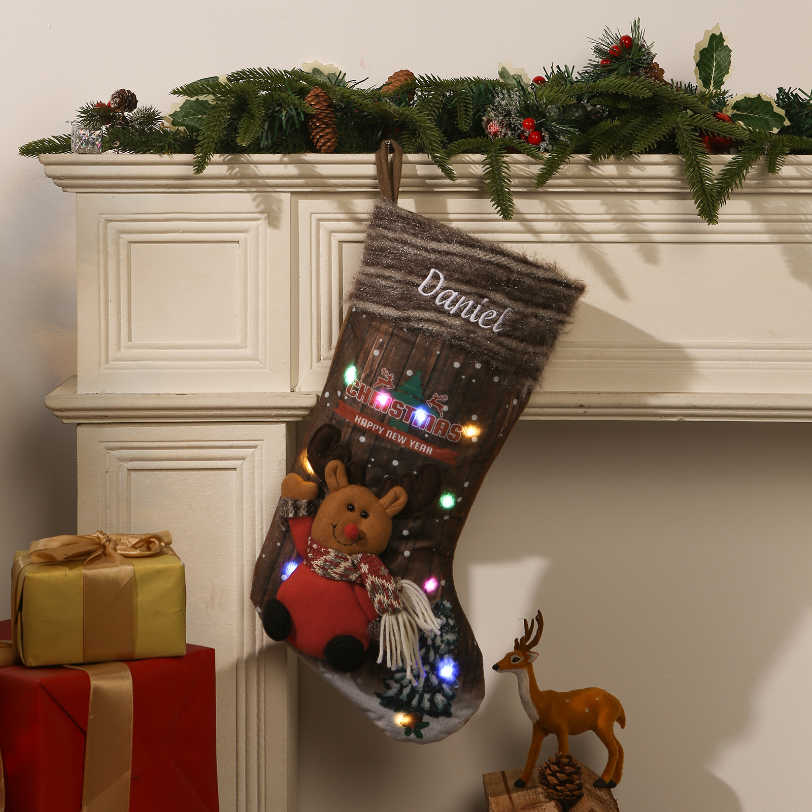 Personalised Rustic LED Plush Christmas Stocking