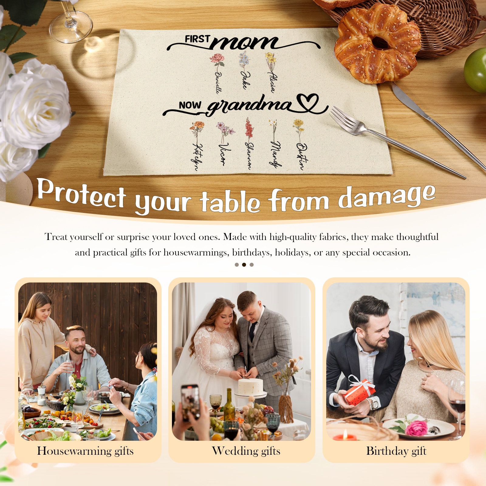 Personalized Floral linen tassel Placemats and 4 Coasters