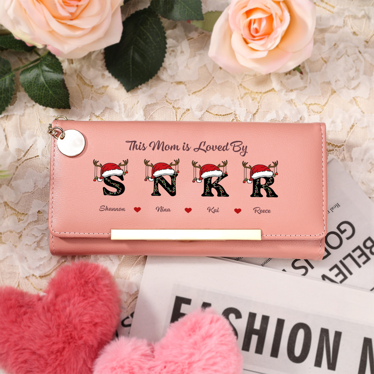 Personalized Mom Pink Leather Christmas Wallet with Initials