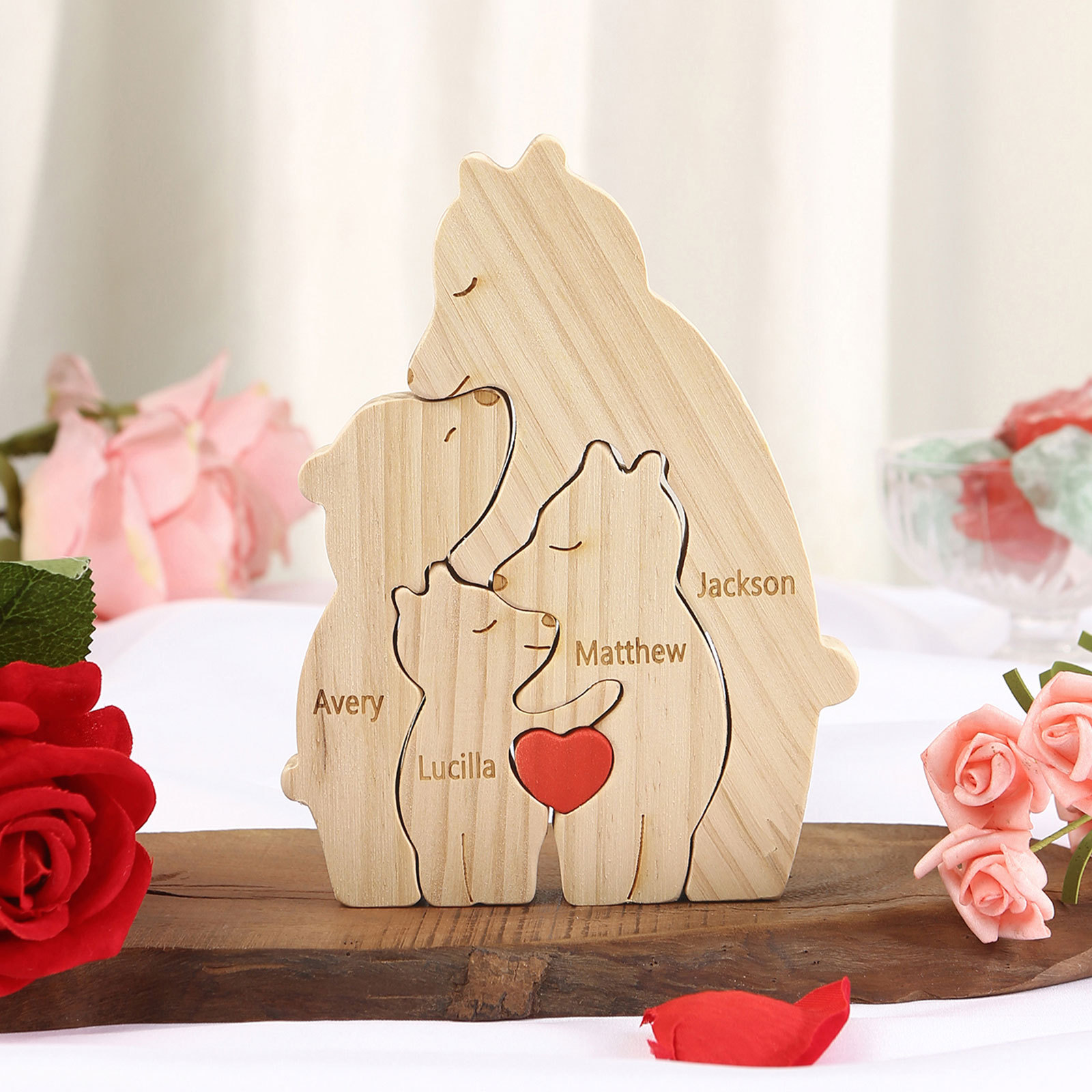 Personalized Name Wooden Bear Family Puzzles Ornament with Heart Custom 4 Names Home Decor Gifts