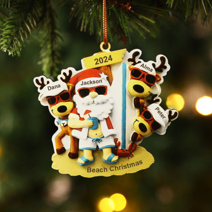 Custom Beach Christmas Ornament with Santa & 3 Reindeer – Personalized 4 Names Year & Text for Family Gifts