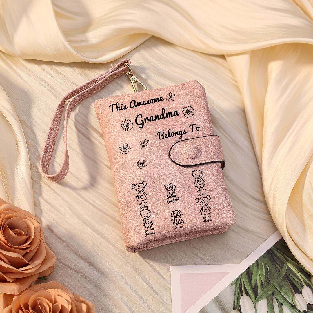 Personalized Women Wallet Custom 1–6 Names & Pattern Leather Wallet Pink Gift for Her "This Awesome Grandma Belongs To"