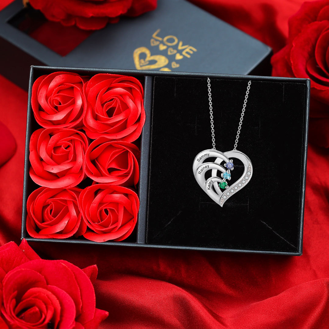 Personalized Heart 2-5 Birthstones & Names Necklace A Thoughtful Gift for Valentine
