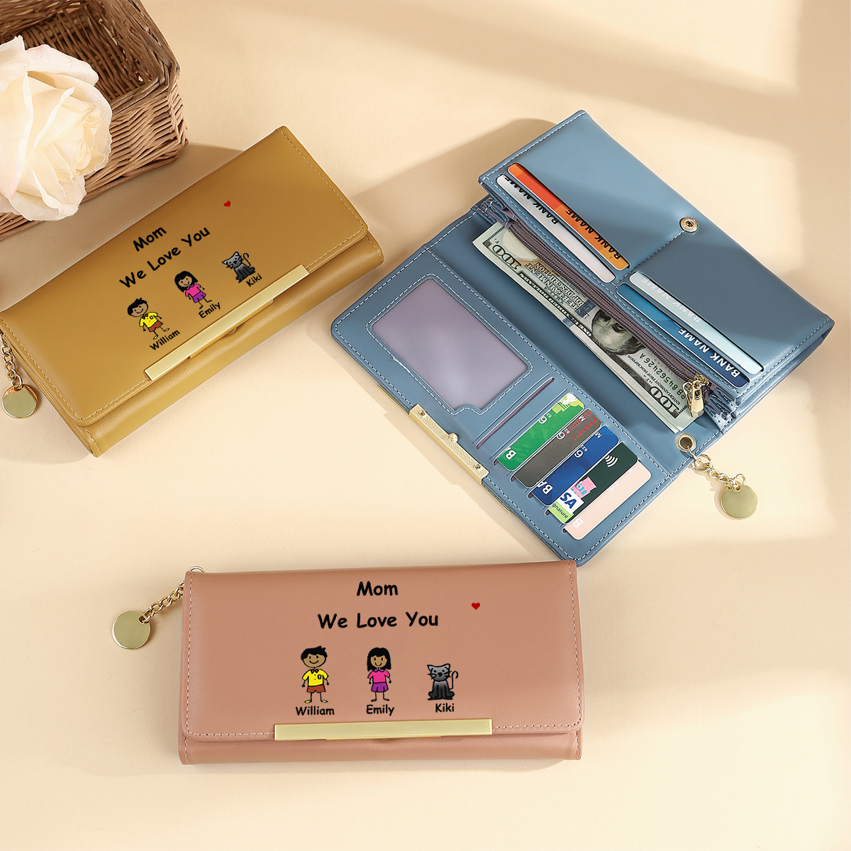 Personalized Women Leather Wallet Purse With Custom 1-6 Kids And Pets Names "Mom We Love You" - Mother's Day Gift Ideas For Mom | Jessemade