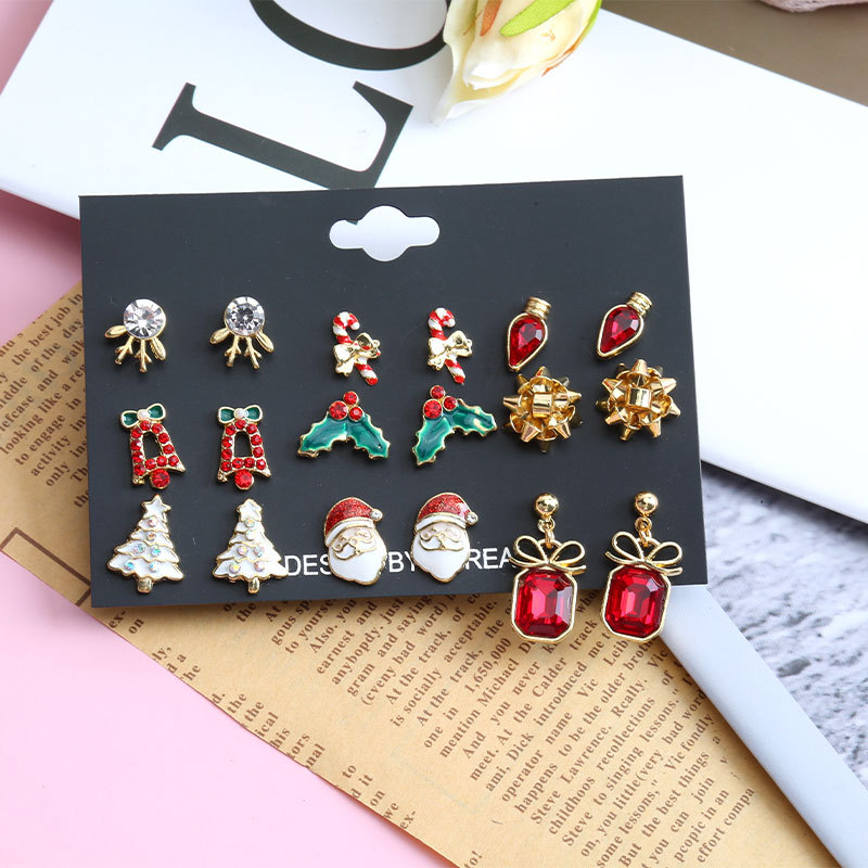Christmas Holiday Themed 12-Pair Stud Earring Set Festive Accessories for Women & Girls