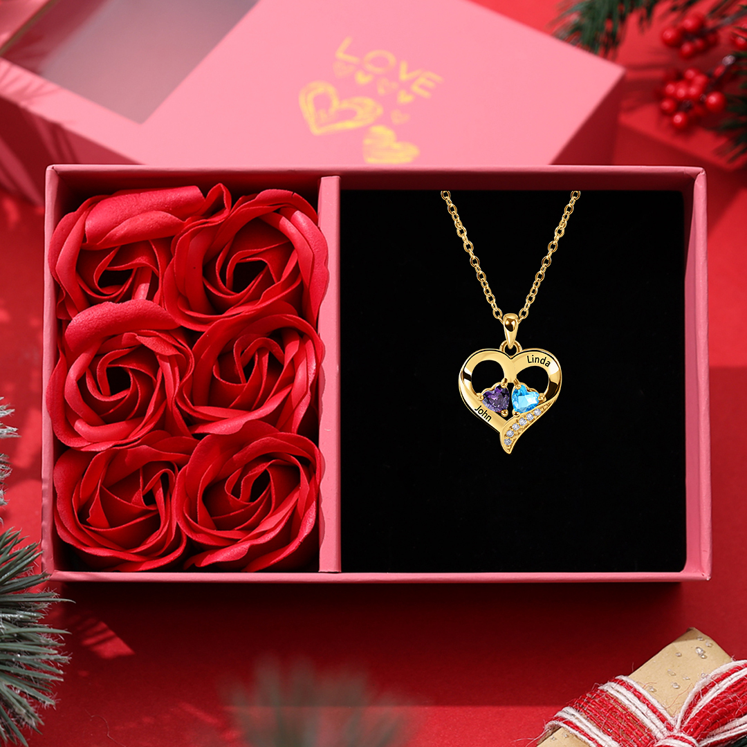 Sterling Silver Heart Necklace Love Necklace Personalized with 2 Birthstones 2 Names Valentine's Day Gift 