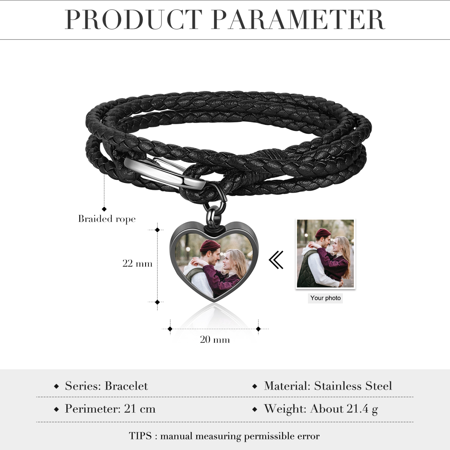 Heart Photo Bracelet with Braided Leather Chain Multi-layer Bracelet