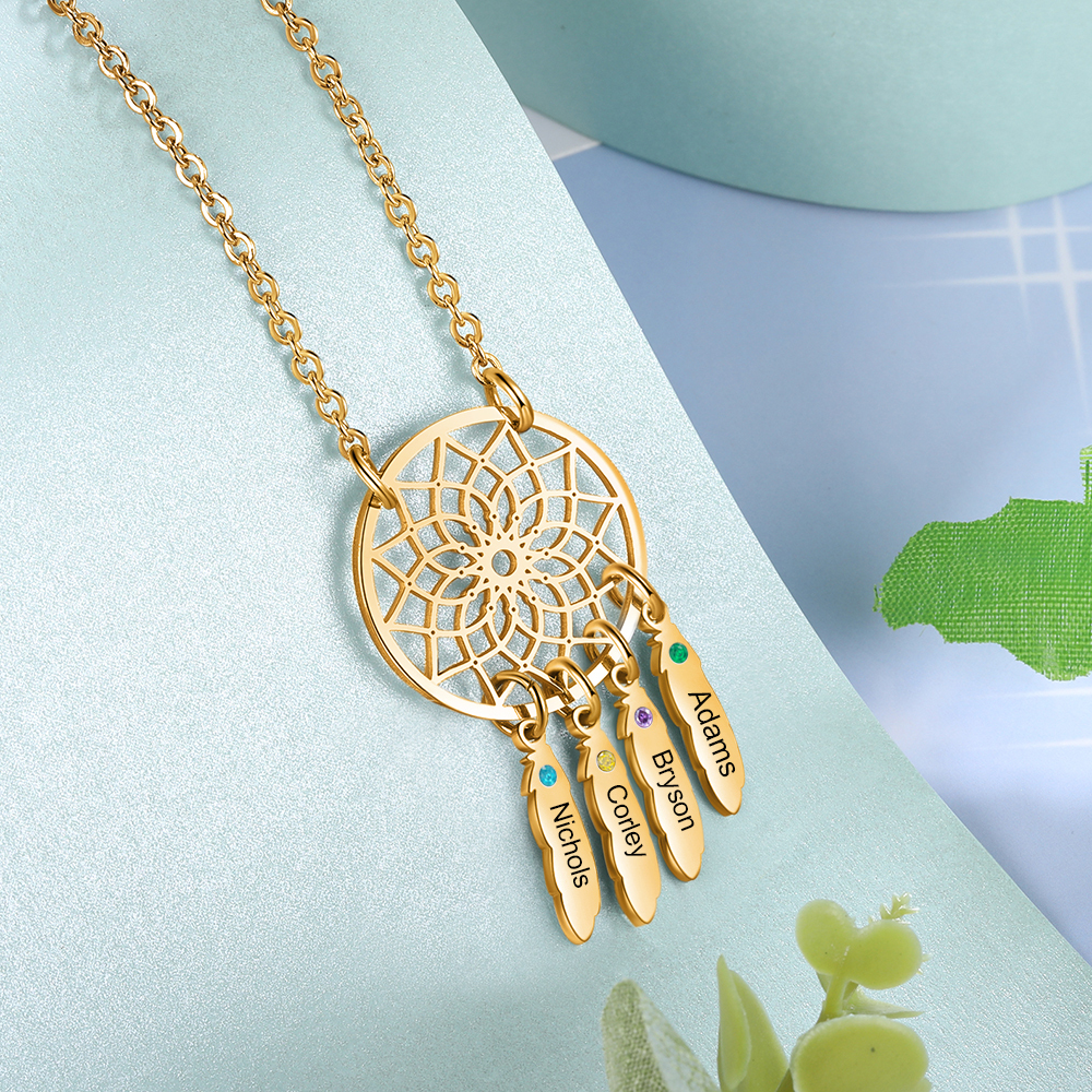 Personalized Dream Catcher Necklace with 4 Birthstones for Women
