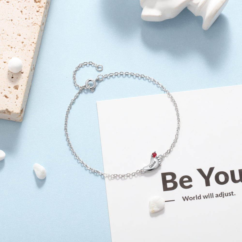 Baby Feet Pendant Bracelet with 1 Birthstone Engraved 1 Name