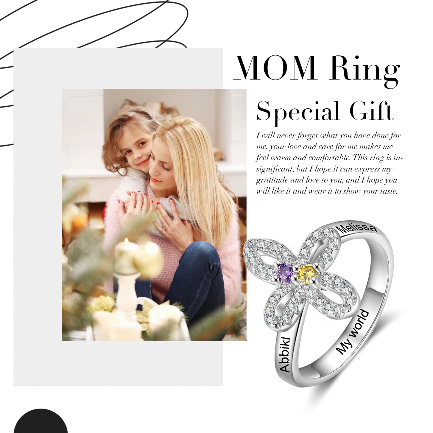 Custom Four-Leaf Ring Custom Name and Birthstone Ring