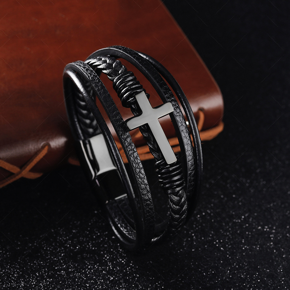 Men Braided Leather Cross Bracelets with Magnetic Clasp Gifts for Him