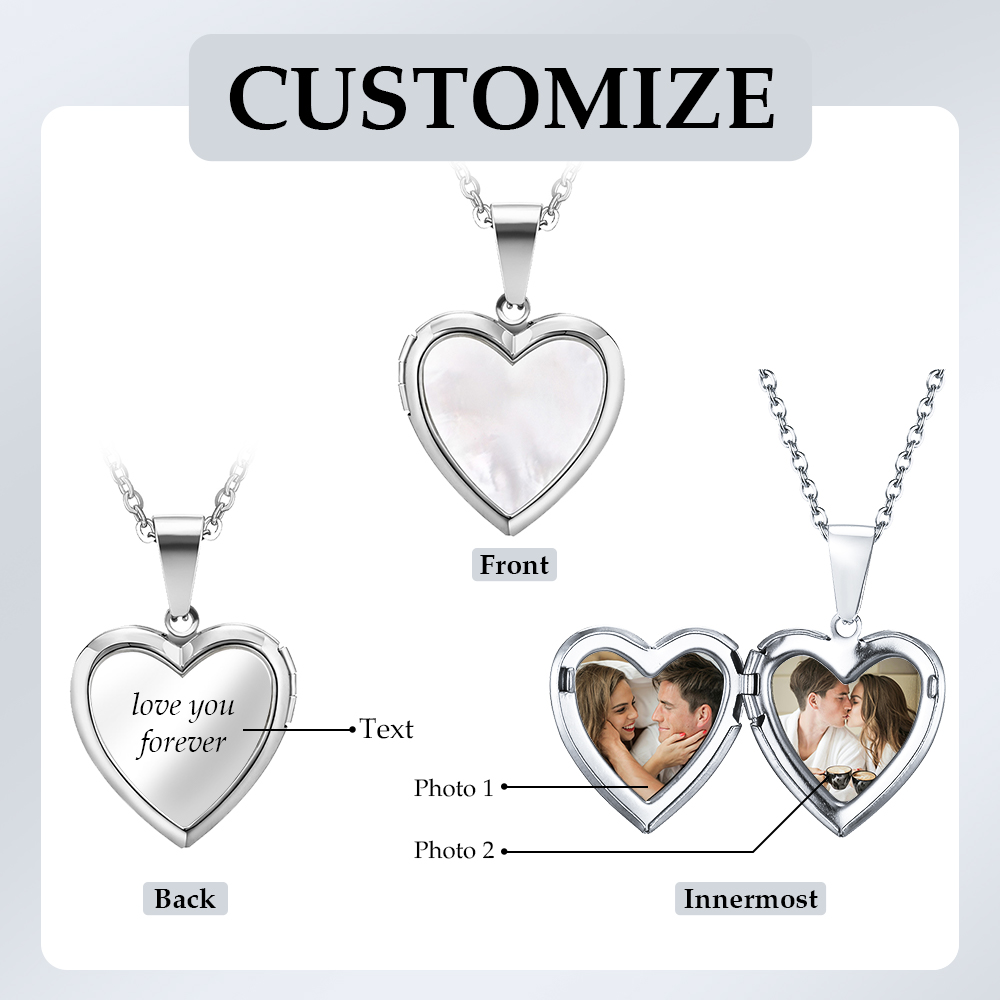 Personalized Heart Shaped Locket Necklace for Women Custom with 2 Photos and 1 Text